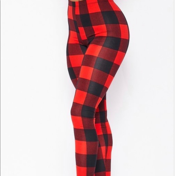 NEW FALL TRENDY RED BLACK PLAID FLANNEL THICK LEGGINGS - Picture 6 of 14